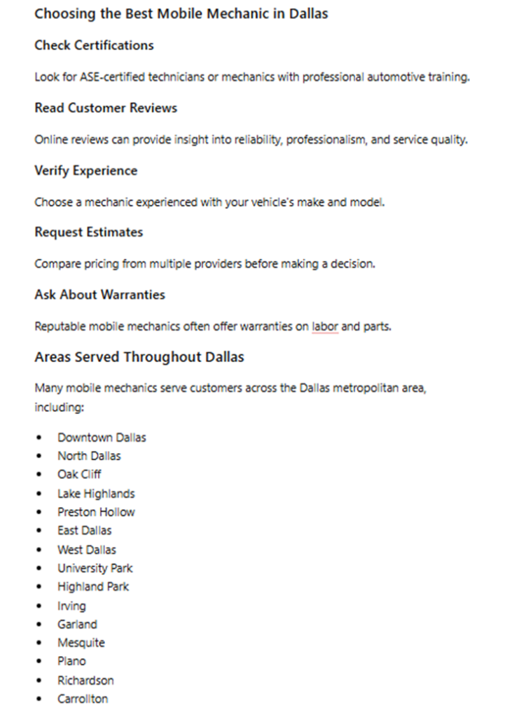 Choosing  the Best Mobile Mechanic in Dallas